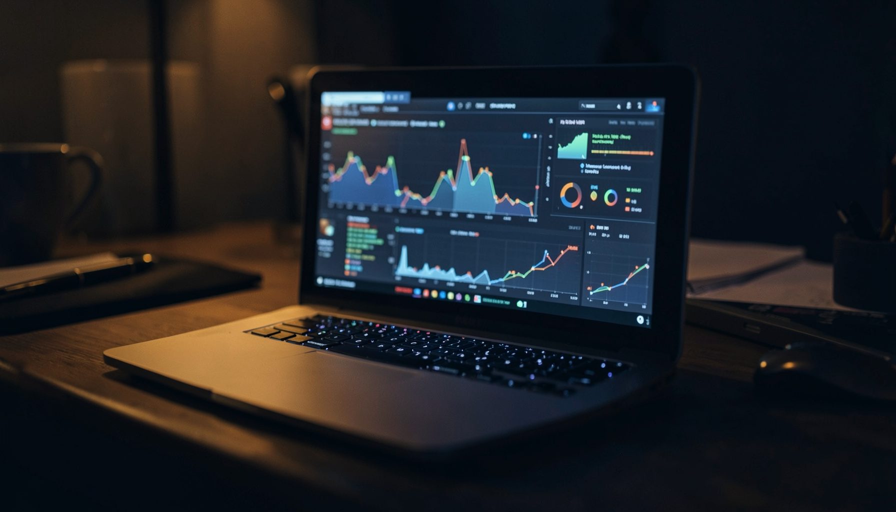 Dark atmospheric workspace with a glowing laptop screen showing charts and data visualizations, warm accent lighting