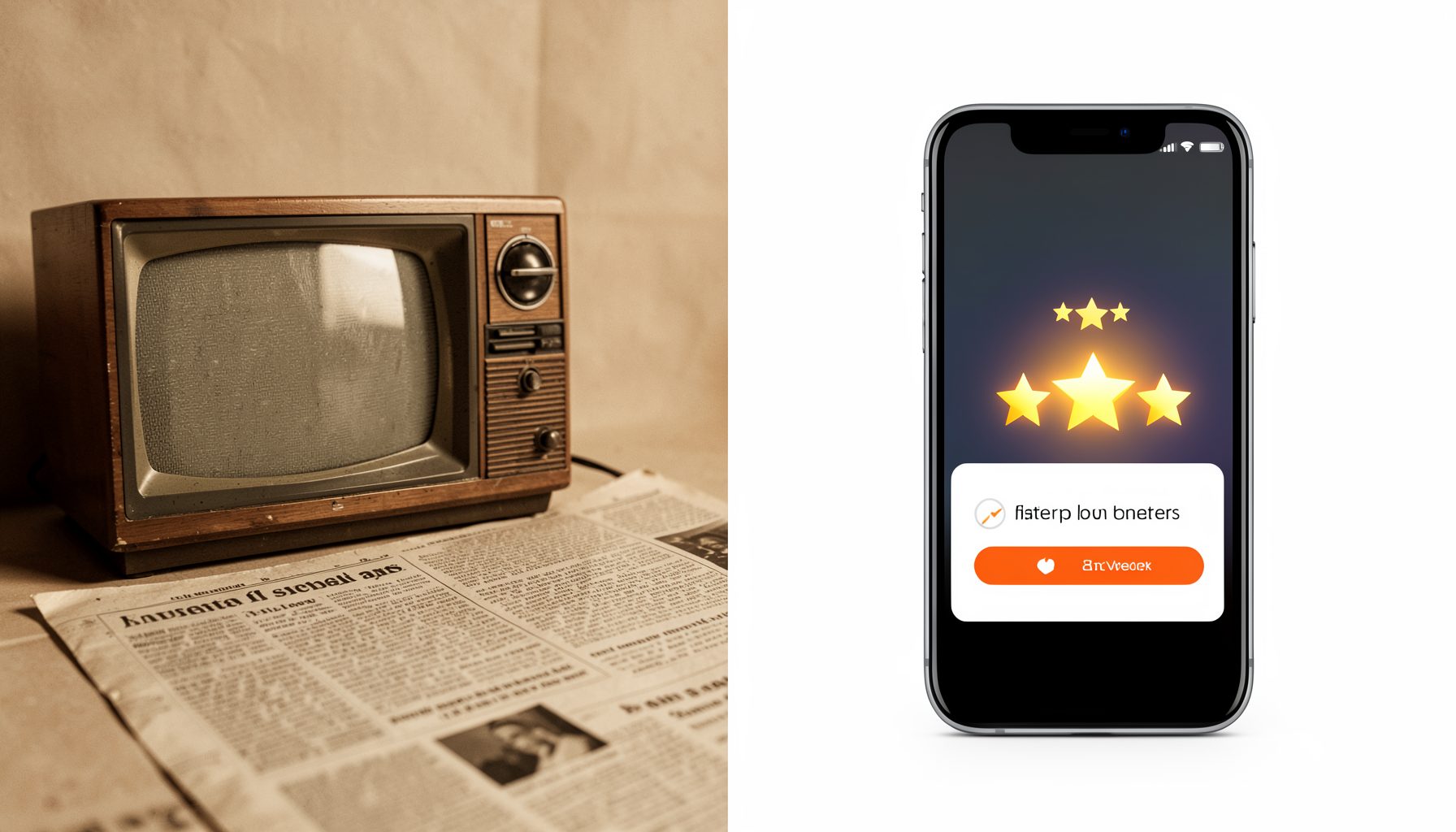 Split composition contrasting an old television and newspaper on one side with a modern glowing laptop and phone on the other, warm amber and deep navy tones, symbolizing old versus new marketing