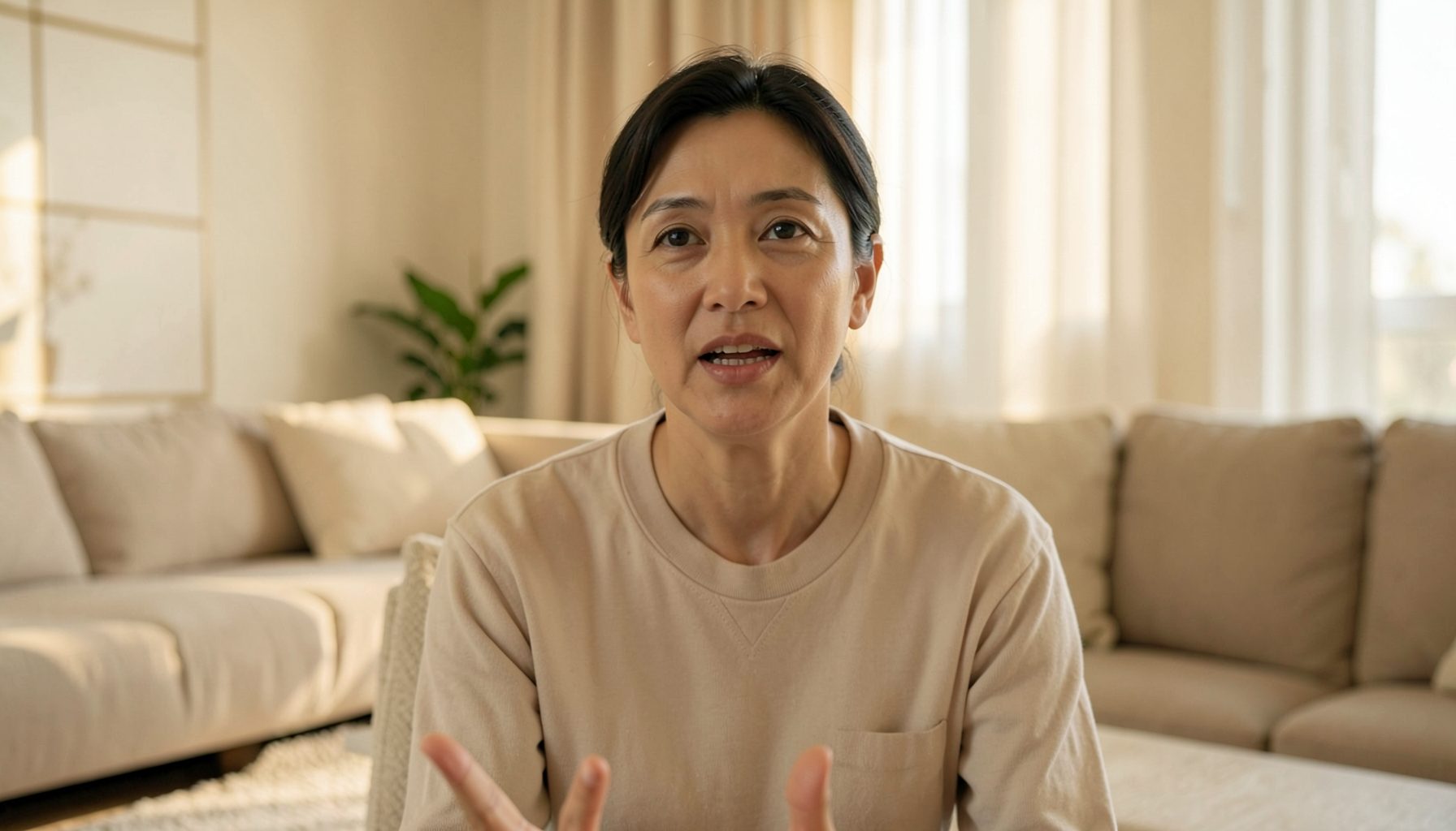 Warm, softly lit scene of a person speaking naturally to a camera in a modern living room, neutral beige and cream tones