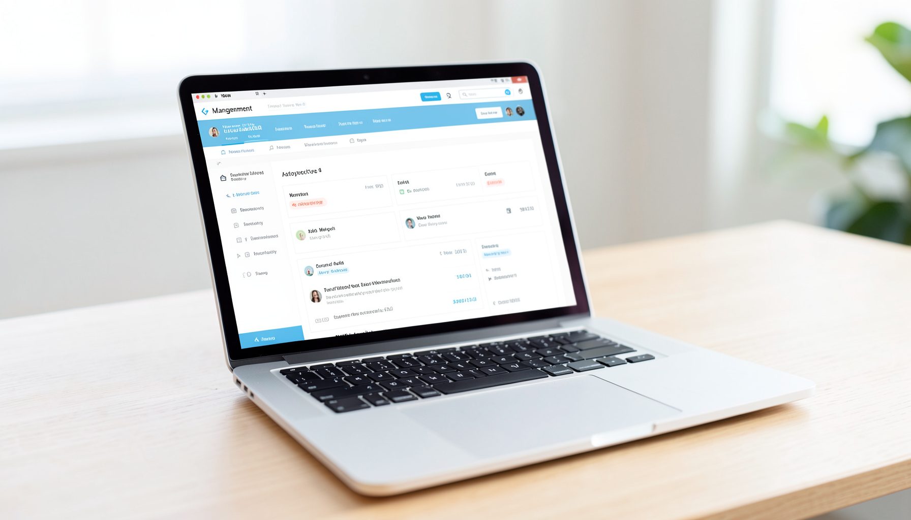 Clean laptop screen on a light wooden desk showing a testimonial management dashboard in soft whites and blues